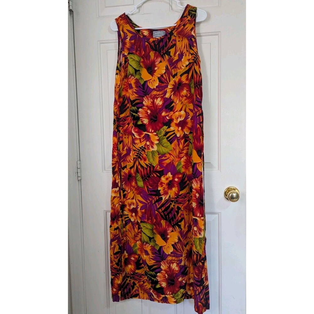 VTG JANE ASHLEY Slip Tank Dress Small Red Orange Hawaiian Floral Tropical Resort